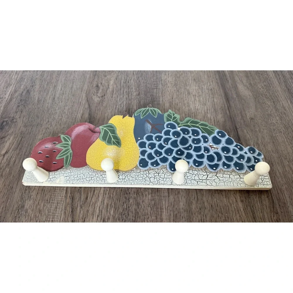 Vintage-Style Hand Painted Fruit Wooden Wall Mug Rack 4 Pegs Crackle Finish